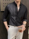 シャツ メンズ 春秋 アシンメトリーストライプ 長袖 スリムフィット きれいめ カジュアル 上品なドレープ感 ポリエステル混紡 ボタンダウン ブラック グレー カーキ 普段使い 休日