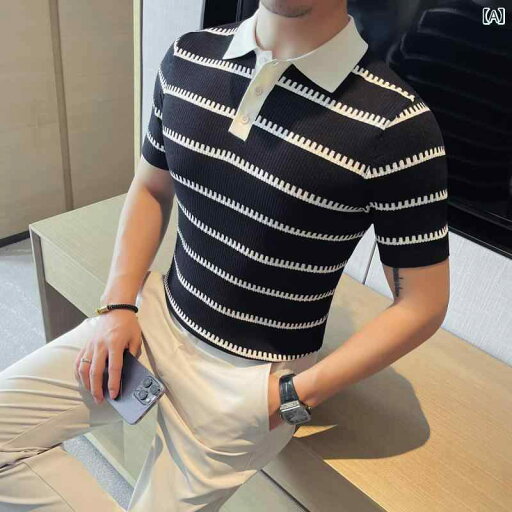 ポロシャツ メンズ 半袖 ニット ストライプ スリムフィット 伸縮性 通気性 大人カジュアル きれいめ ビジネスカジュアル 通勤 普段使い 夏 ポリエステル