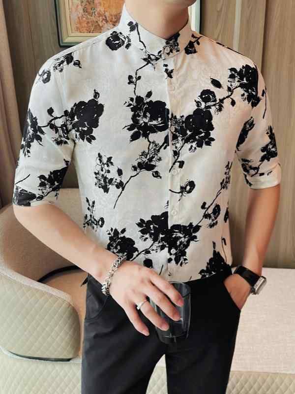 シャツ メンズ スタンドカラー 七分袖 花柄プリント 総柄 スリム スタイリッシュ クール 上質 大人カジュアル きれいめ 薄手 接触冷感 吸湿速乾 ポリエステル ナイトクラブ パーティ リゾート 普段使い トップス ブラック ホワイト 春夏