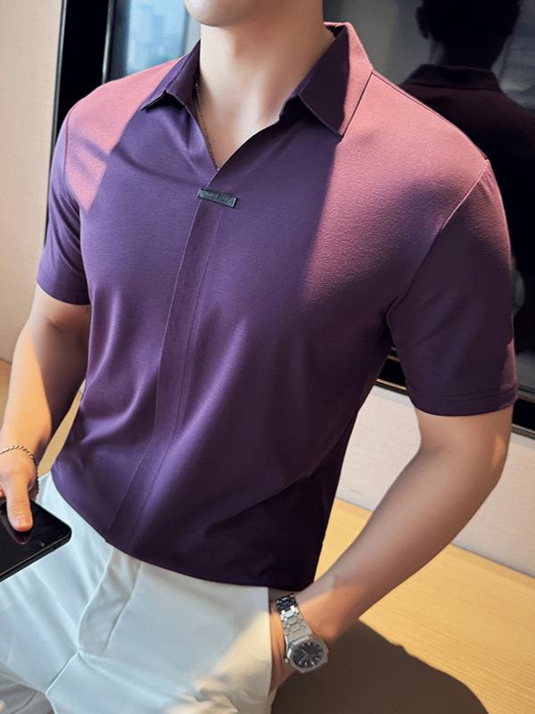 POLOシャツ メンズ 男性用 カジュアル スタイリッシュ 半袖 襟付き Vネック 高伸縮 接触冷感 シームレス トップス 普段使い 夏服 ポリエステル混紡 ブラック ホワイト パープル ブラウン