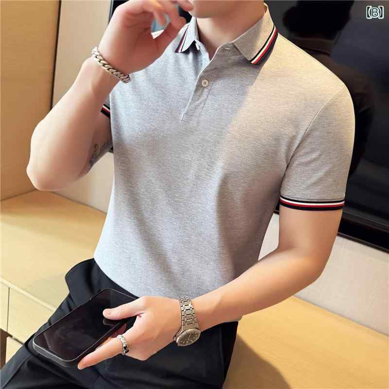 ポロシャツ メンズ 男性用 高級感 新疆綿 液アン加工 吸湿速乾 半袖 スリムフィット 織りテープ 切り替え 配色デザイン Tシャツ トップス カジュアル 春夏