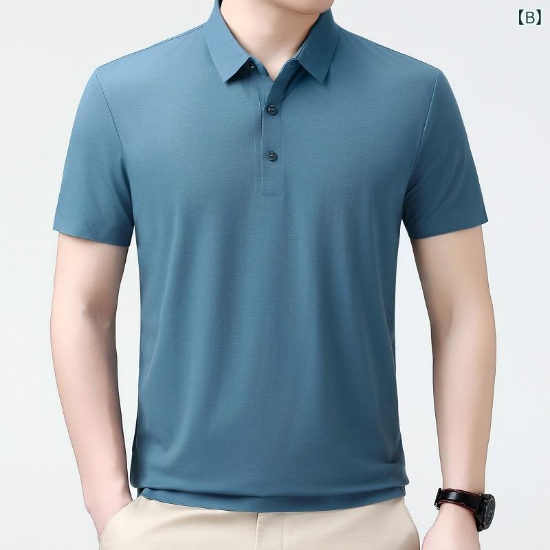 ポロシャツ メンズ 男性用 シルク 絹 高級感 薄手 軽量 吸湿速乾 通気性 シンプル 無地 ミドルエイジ カジュアル 普段使い 春夏