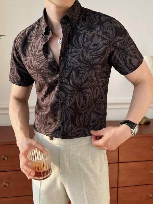 シャツ メンズ 半袖 デジタルプリント 総柄 花柄 東南アジア風 リゾート トロピカル アロハ オープンカラー スリムフィット カジュアル 高級感 着回し ポリエステル トップス 春夏