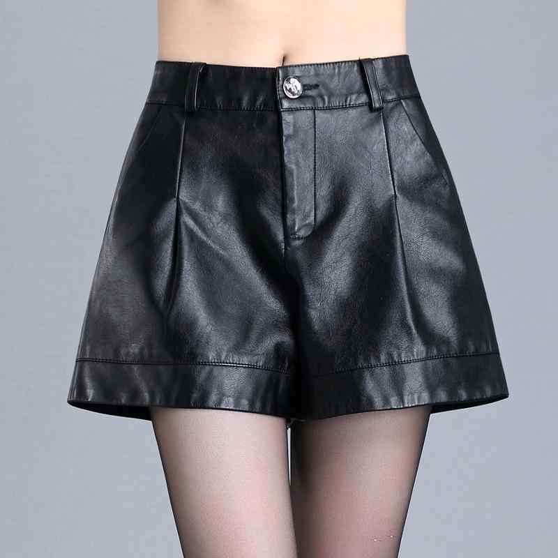 ショートパンツ レディース 女性用 PUレザー 合成皮革 ハイウエスト Aライン ワイドレッグ 着やせ ゆったり ルーズフィット 秋冬 大きいサイズ 韓国ファッション トレンド カジュアル 普段使い ブラック