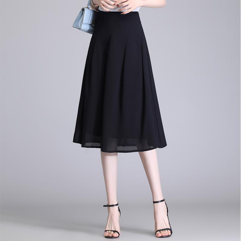 スカート レディース ブラック ハイウエスト Aライン ミモレ丈 シフォン ポリエステル 無地 切り替え ドレープ 落ち感 きれいめ エレガント 上品 通勤 オフィス 春夏
