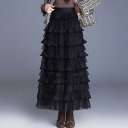 スカート レディース 秋冬 ロング丈 ティアード フリル切り替え ウエストゴム Aライン きれいめ体型カバー ポリエステル 通勤 普段使い ブラック パープル カーキ ブラウン