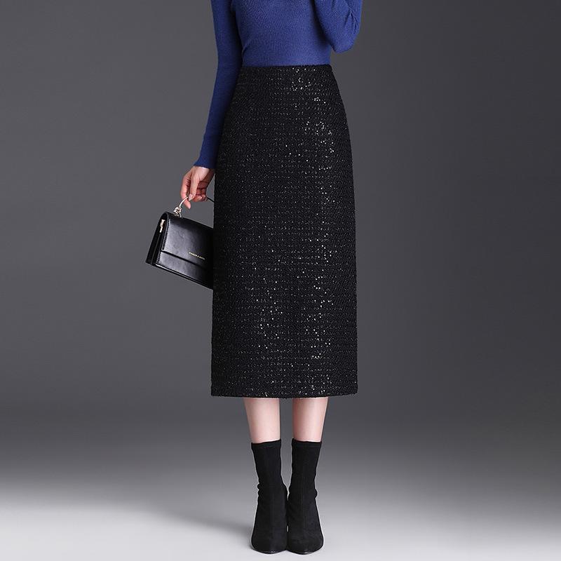 スカート レディース 秋冬 エレガント 上品 きれいめ スパンコール タイトスカート ミディ丈 バックスリット スリムフィット 切り替え ポリエステル 通勤 オフィス ブラック