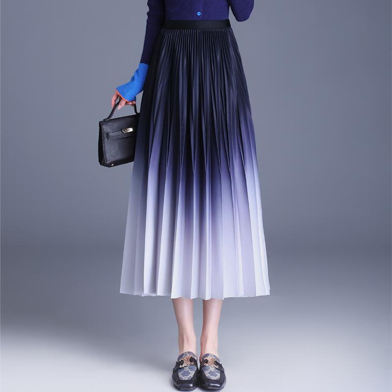 スカート レディース グラデーションカラー プリーツスカート ロング丈 ウエストゴム フレア Aライン スタイルアップ 上品 エレガント ポリエステル 通勤 オフィス カジュアル 秋冬