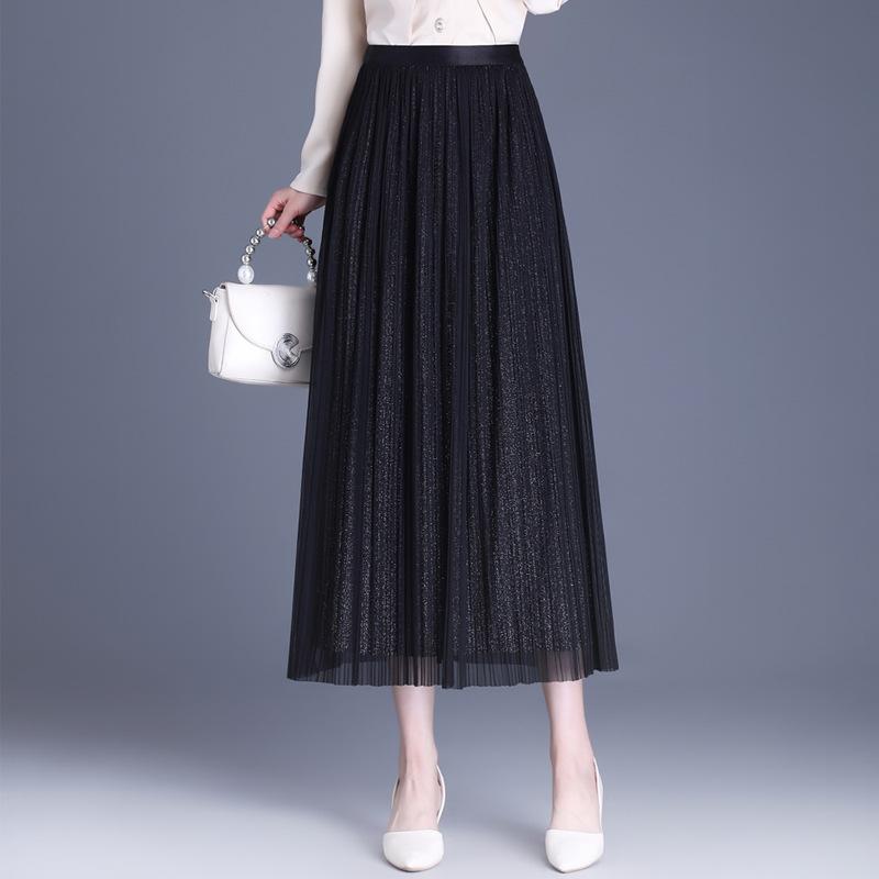 スカート レディース ロング丈 プリーツスカート 切り替え チュール ウエストゴム 無地 シンプル エレガント 上品 通勤 スタイルアップ ポリエステル 春夏 ブラック カーキ