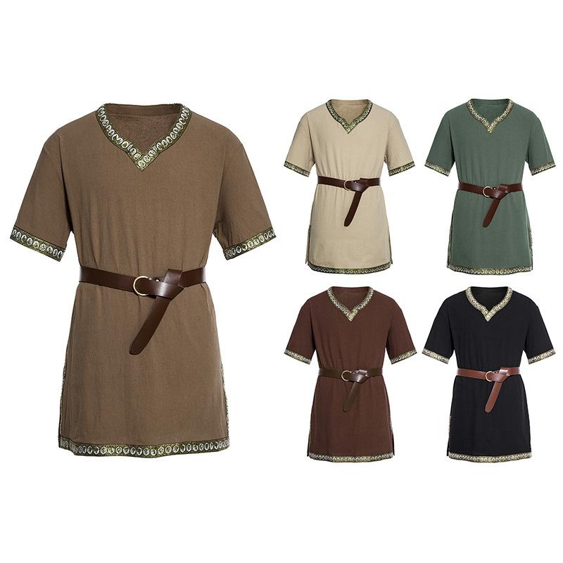 シャツ 男性用 中世 ルネサンス 騎士 海賊 戦士 ハロウィン 仮装 コスチューム 半袖 スタンドカラー リネン レトロ クラシック ゆったり ウォッシャブル ノーアイロン ブラック カーキ ネイビー ブラウン