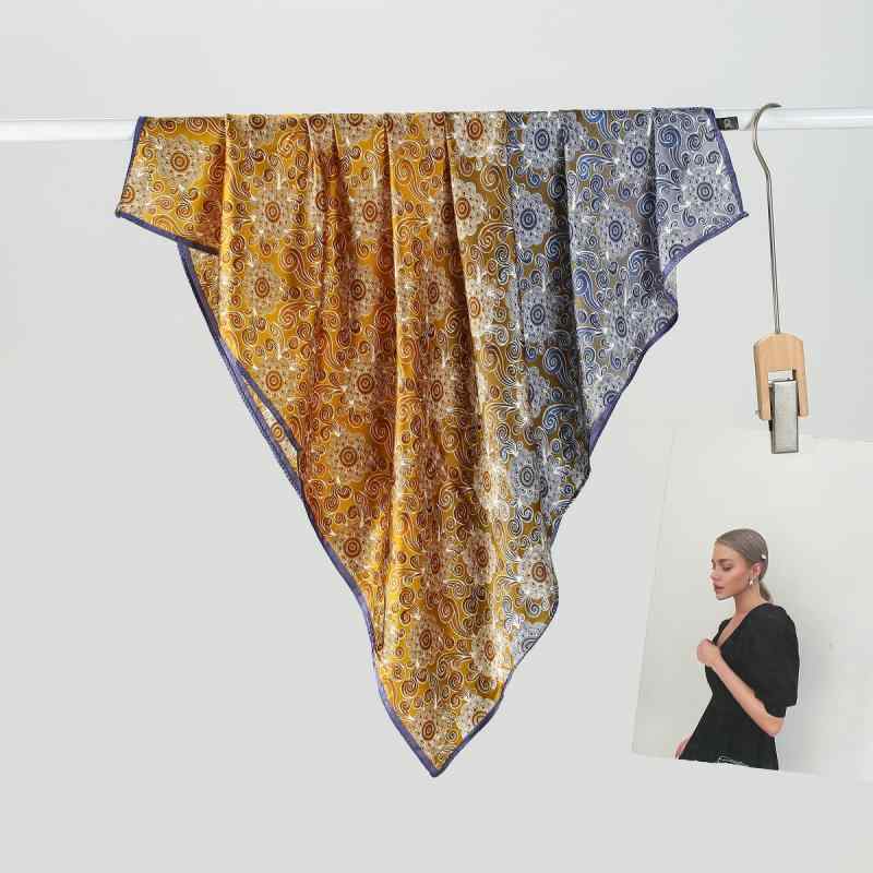 スカーフ 70cm 正方形 レトロ 配色 花柄プリント シルク風 高級感 夏 万能 マルチウェイ ヘアバンド ヘッドバンド ウエストベルト オフィス カジュアル シンプル バッグチャーム アクセント