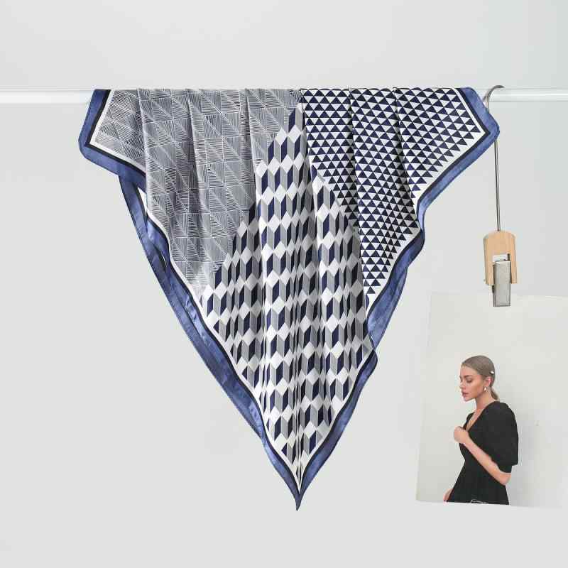 スカーフ レディース 正方形 70cm フェイクシルク ポリエステル サテン 幾何学柄 立体ブロック ブルー系 シンプル 万能 高級感 ヘアバンド ネッカチーフ 髪飾り オフィス 通勤 普段使い ファッション小物 春夏