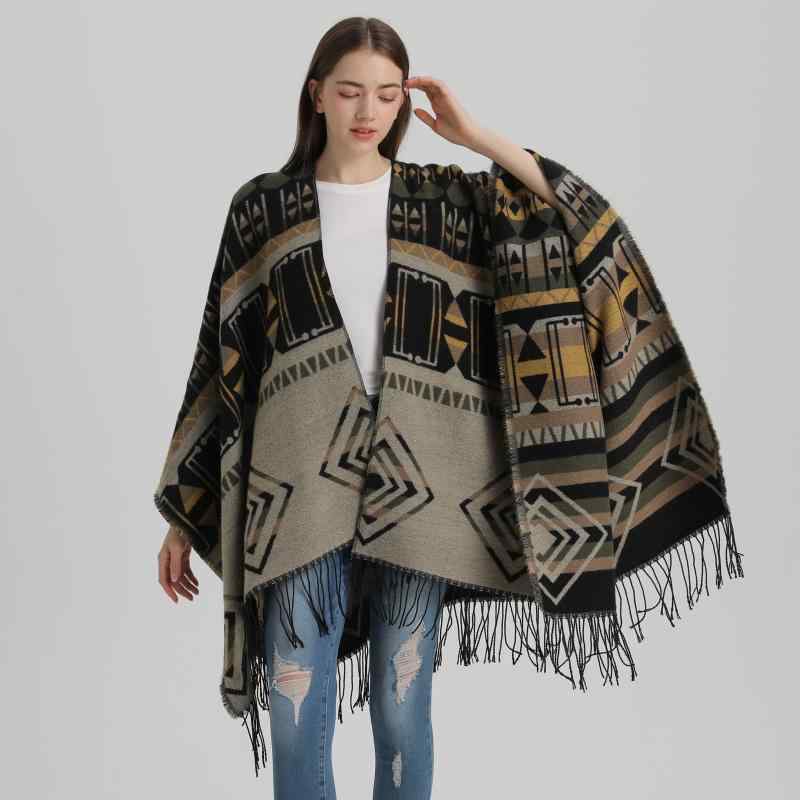 ショール レディース エスニック ストール ケープ ポンチョ 大判 マルチカラー フェイクカシミヤ カシミヤタッチ フリンジ 菱形柄 保温 防寒 旅行 キャンプ アウトドア 羽織り 秋冬