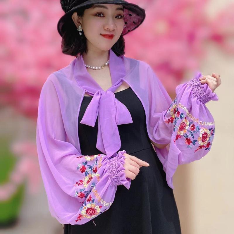 UVカットカーディガン レディース 刺繍 スリムフィット 体型カバー パール 接触冷感 ポリエステル シフォン おしゃれ きれいめ ドライブ 冷房対策 ショール 羽織り 春夏