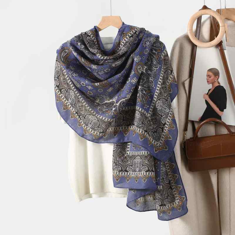 ストール レディース 大判 ショール レトロ ペイズリー柄 薄手 レーヨン素材 保温 日よけ 防塵 秋冬 カジュアル オフィス お出かけ 高級感 ブラック ブルー(4)