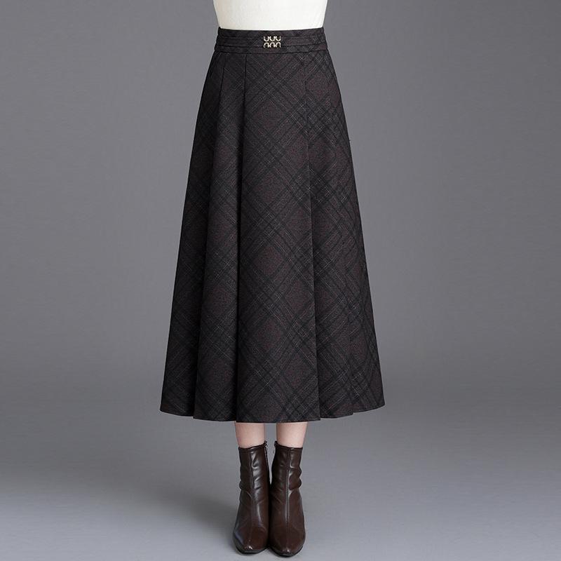 スカート ハイウエスト 着痩せ効果 チェック柄 フレア ミモレ丈 プリーツ Aライン 通勤 オフィス 上品 エレガント ボトムス 秋 ポリエステル スパンデックス 切り替え 大人