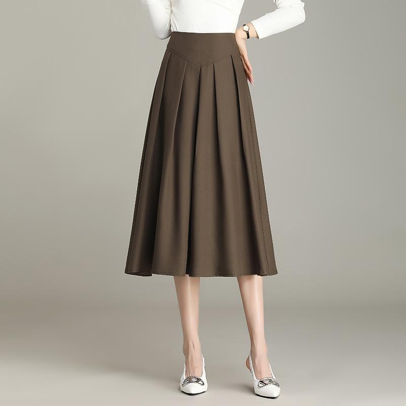スカート レディース ハイウエスト プリーツ ミモレ丈 Aライン 無地 エレガント 通勤 オフィス 大きいサイズ ポリエステル スパンデックス ブラック ブラウン系 秋冬
