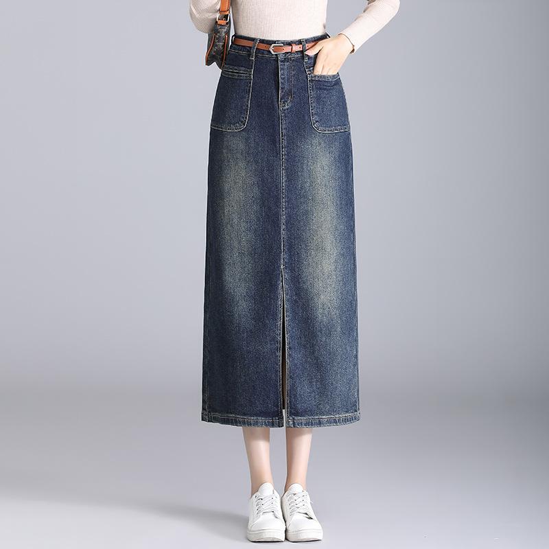 スカート レディース デニムスカート ロング丈 ミモレ丈 ハイウエスト Iライン ストレート タイト スリット入り レトロブルー ヴィンテージブルー ドレープ感 細見え スタイルアップ 上品 きれいめ オフィス 通勤 カジュアル 秋冬