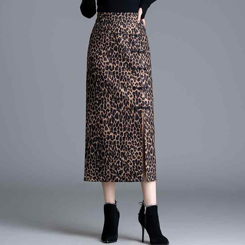 スカート レディース 女性用 ヒョウ柄 アニマル柄 タイトスカート ペンシルスカート Aライン スリット入り 切り替え ミモレ丈 ミディ丈 ポリエステル 伸縮性 秋冬 通勤 オフィス 普段使い きれいめ