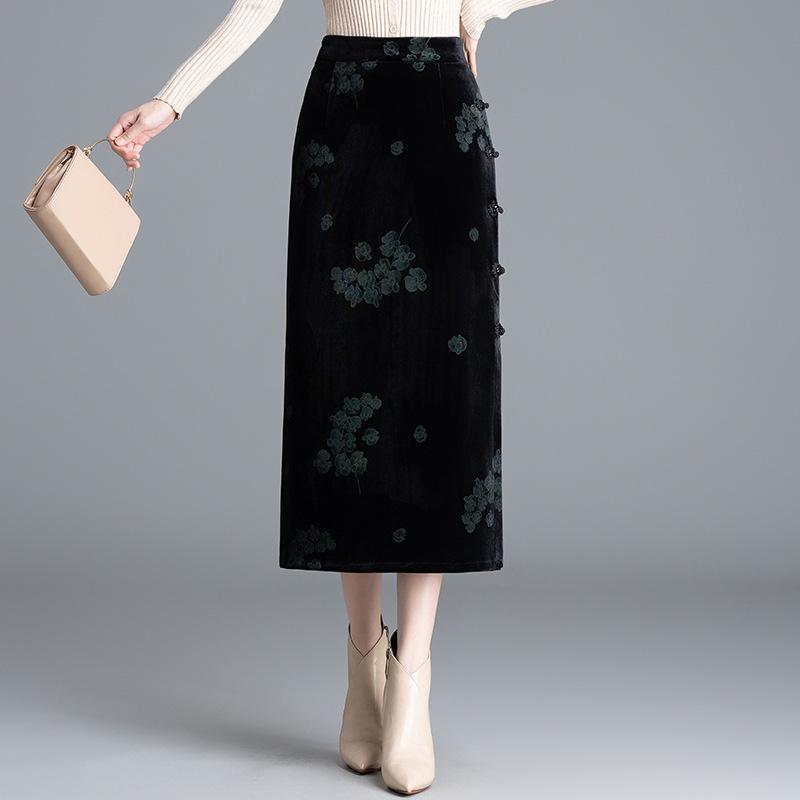 スカート レディース チャイナ風 レトロ ヴィンテージ ハイウエスト タイトスカート ミディ丈 スリット入り 切り替え デザイン 花柄 エレガント きれいめ 通勤 オフィス カジュアル 秋冬