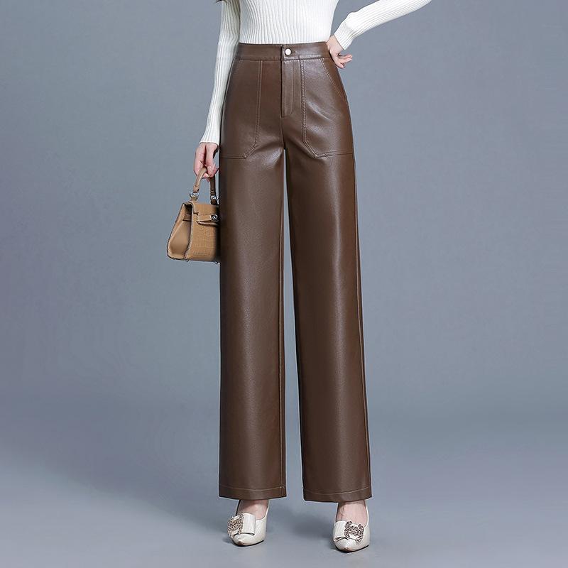 レザーパンツ レディース PU フェイクレザー 合皮 ハイウエスト ハイライズ ストレートパンツ ロング丈 フルレングス 裏起毛 防寒 保温 暖かい あったか 秋冬 普段使い オフィス カジュアル きれいめ おしゃれ ブラック ブラウン 黒 茶色