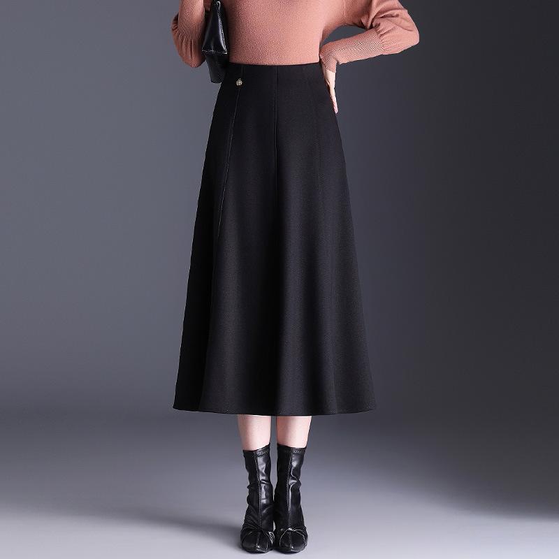 スカート レディース ハイウエスト 体型カバー 着痩せ 細見え Aライン フレア ロング丈 膝下丈 通勤 オフィス エレガント ポリエステル 秋冬 ブラック レッド系