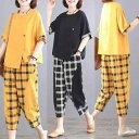 セットアップ レディース 大きいサイズ ゆったり おしゃれ チェック柄 切り替え ツーピース 2点セット クロップドパンツ 9分丈パンツ 春夏 カジュアル 通勤 普段使い ポリエステル(x2)