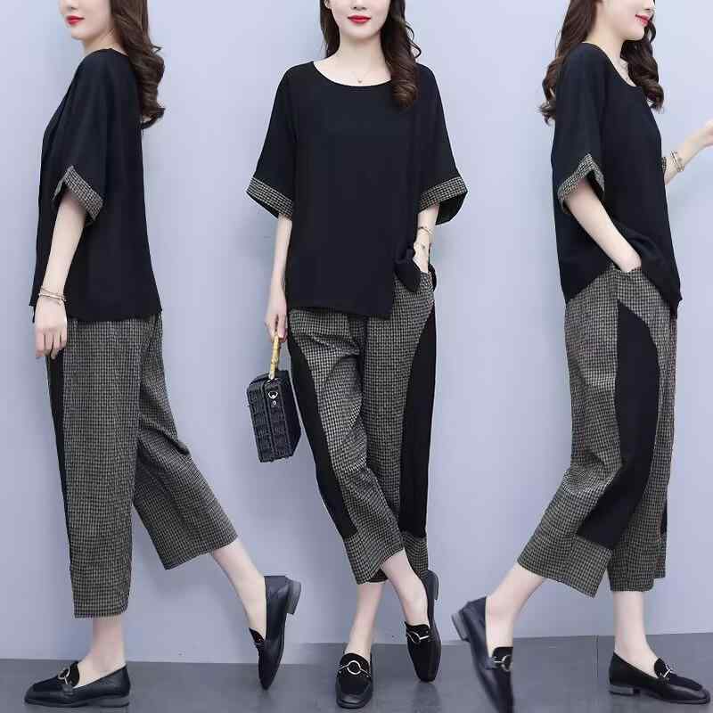 セットアップ レディース 韓国風 カジュアル ゆったり 体型カバー 大きいサイズ 五分袖トップス 七分丈パンツ 上下セット ポリエステル 夏 普段使い 部屋着 通勤 オフィスカジュアル ブラック キャラメル