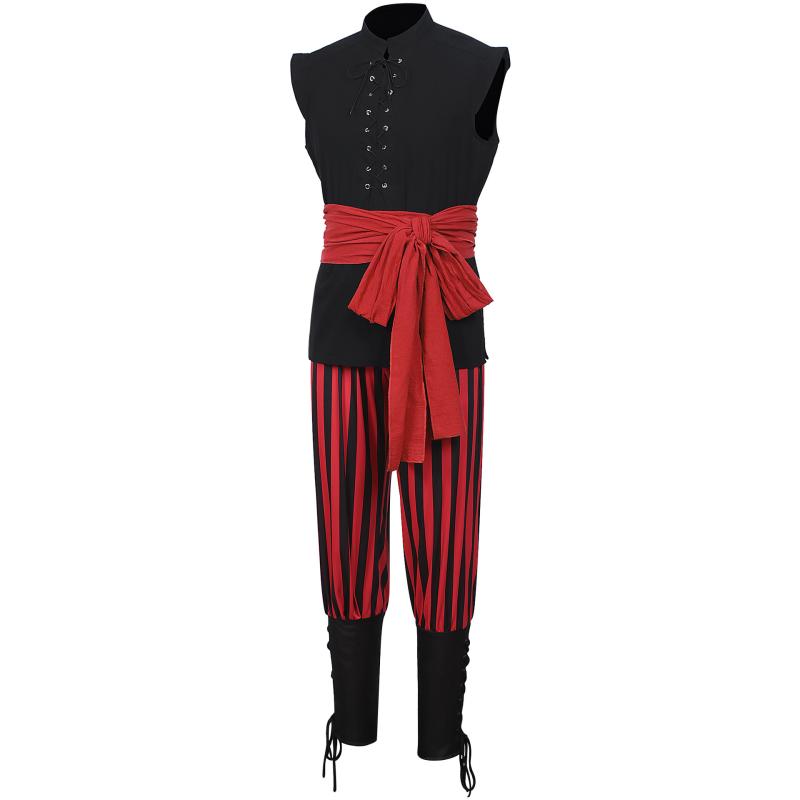 コスチューム メンズ 男性用 中世風 西部劇風 レトロ ヴィンテージ 舞台衣装 仮装 コスプレ ハロウィン イベント 海賊パンツ 編み上げベスト ノースリーブ ロングパンツ ポリエステル セットアップ 黒 ベージュ ワインレッド