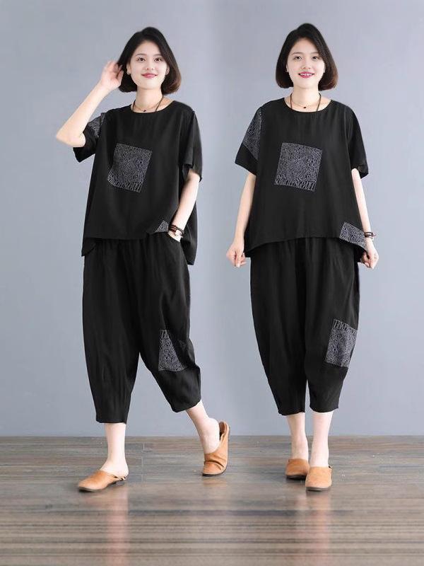 セットアップ レディース 大きいサイズ ぽっちゃり 体型カバー ゆったり 半袖トップス 長ズボン ロングパンツ ツーピース スポーツウェア ルームウェア 幾何学模様 ブラック 春夏 ポリエステル(x2)