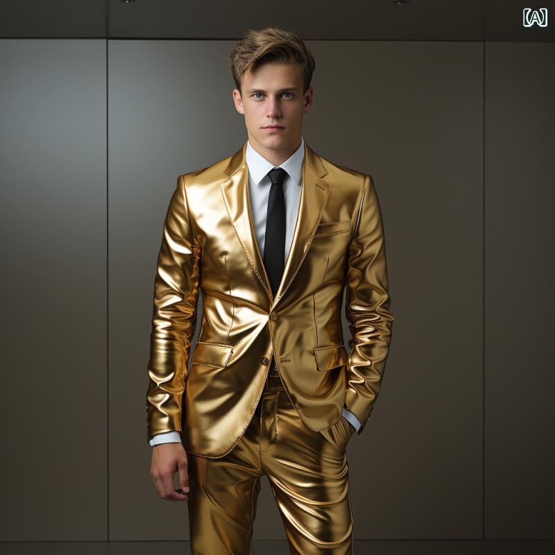 スーツ メンズ ゴールドプリント セットアップ ポリエステル混紡 通気性 スリムフィット ジャケット 光沢感 パーティー ステージ ナイトクラブ パフォーマンス 衣装 イベント