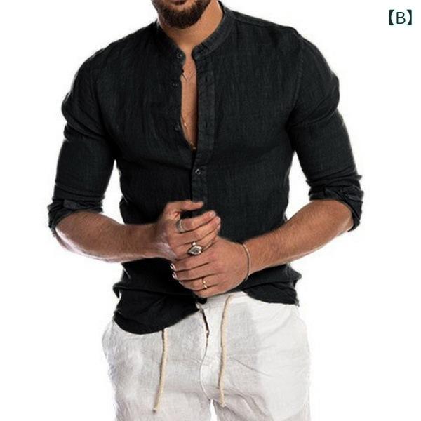 シャツ メンズ 男性用 秋冬 綿麻 リネン カーディガン 羽織り 開襟シャツ スタンドカラー 長袖 ゆったり ルーズシルエット 普段使い カジュアル ポケット付き シンプル