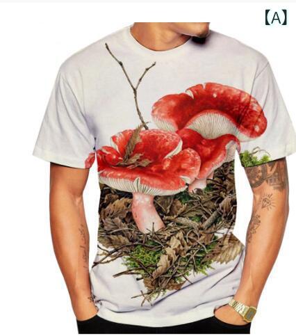 Tシャツ メンズ トップス きのこ柄 3D効果 プリント クルーネック 半袖 ゆったり ビッグシルエット カジュアル 普段使い 再生繊維 ティーンズ 多色展開 夏物