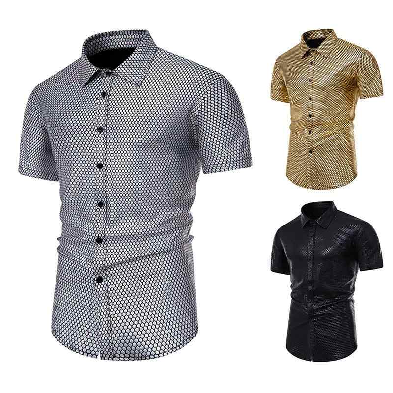 シャツ 男性用 メンズ 半袖 ひし形 ホットスタンププリント ステージ衣装 夏 ゆったり ビッグシルエット イージーケア 吸湿速乾 綿混 ポリエステル ブラック ゴールド シルバー
