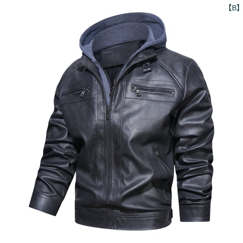 レザージャケット メンズ ライダースジャケット 欧米風 フード取り外し可能 スタンドカラー 大きいサイズ PUレザー アウター ブルゾン ジップアップ カジュアル 秋冬 ブラック ダークブラウン
