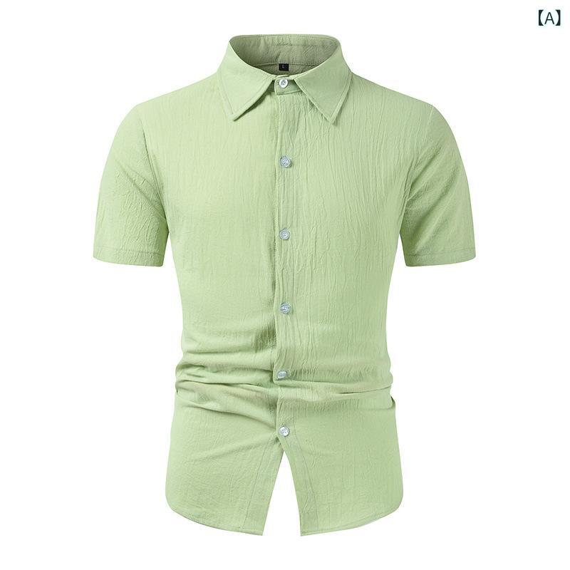 シャツ メンズ 春夏 半袖 リネン 麻 綿混紡 無地 襟付き ゆったり ルーズフィット カジュアル トップス 普段使い サマーシャツ 通気性 涼しい 薄手 リラックスウェア