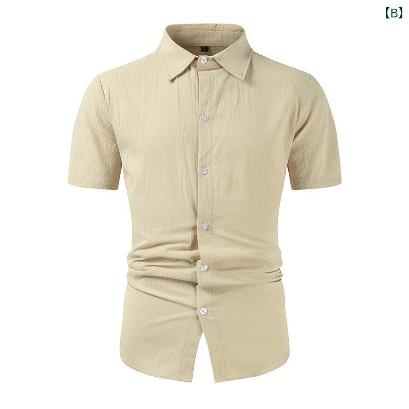 シャツ メンズ 春夏 半袖 リネン 麻 綿混紡 無地 襟付き ゆったり ルーズフィット カジュアル トップス 普段使い サマーシャツ 通気性 涼しい 薄手 リラックスウェア