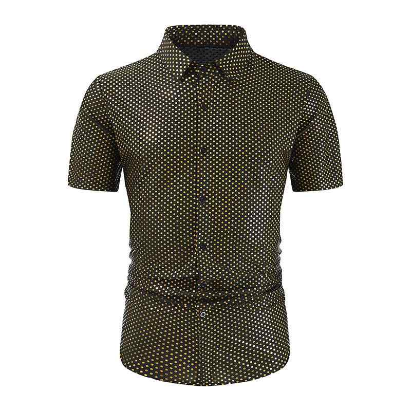シャツ メンズ 男性用 70年代 ディスコ 半袖 ボタンダウン 開襟 ドット 水玉模様 スパンコール キラキラ ポリエステル ゴールド 金色 春夏 イベント パーティー ダンス ステージ衣装 コスチューム 発表会(4)