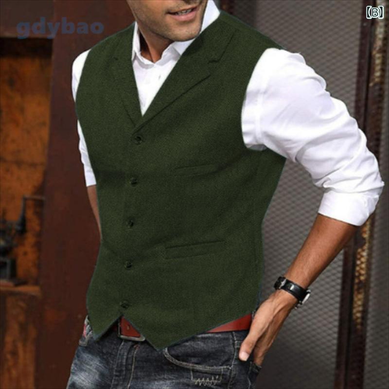 ベスト メンズ 男性用 ヘリンボーン柄 Vネック ジレ スーツ ビジネス フォーマル カジュアル 普段使い スリムフィット シングルブレスト ポリエステル 綿混 洗濯可能 無地