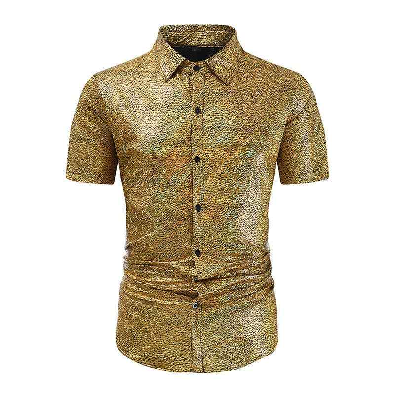 シャツ メンズ 春夏 ひし形箔押しプリント 半袖 ステージ ダンス衣装 パンクスタイル ポリエステル 綿混 通気性 イージーケア ルーズフィット シルバー ゴールド