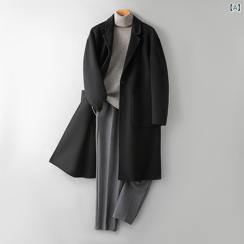 コート メンズ 男性用 100%カシミヤ ダブルフェイス 手縫い 高級感 テーラードカラー シングルブレスト カジュアル スタイリッシュ 無地 秋冬 ブラック ネイビー