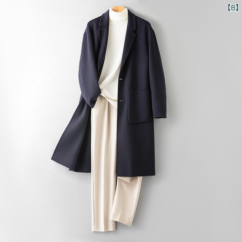 コート メンズ 男性用 100%カシミヤ ダブルフェイス 手縫い 高級感 テーラードカラー シングルブレスト カジュアル スタイリッシュ 無地 秋冬 ブラック ネイビー