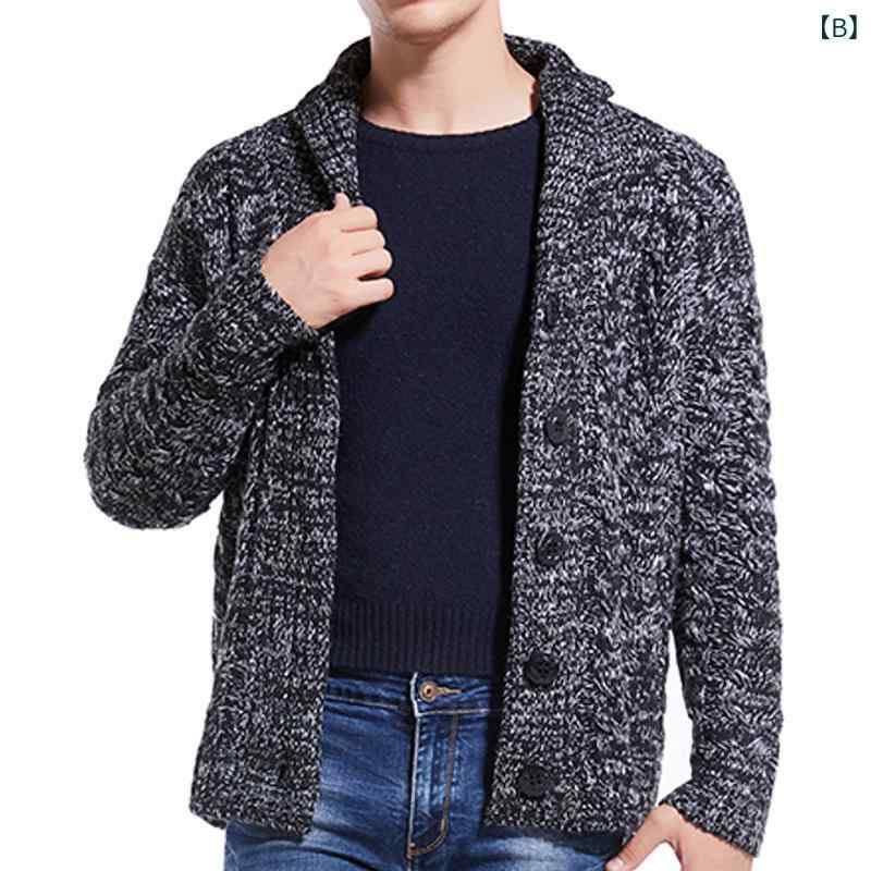 カーディガン メンズ 秋冬 欧米風 クラシック 定番 ケーブル編み 襟付き 長袖 ニットアウター 厚手 羊毛混 ポリエステル カジュアル 羽織り 前開き ホワイト グレー ネイビー 紺色