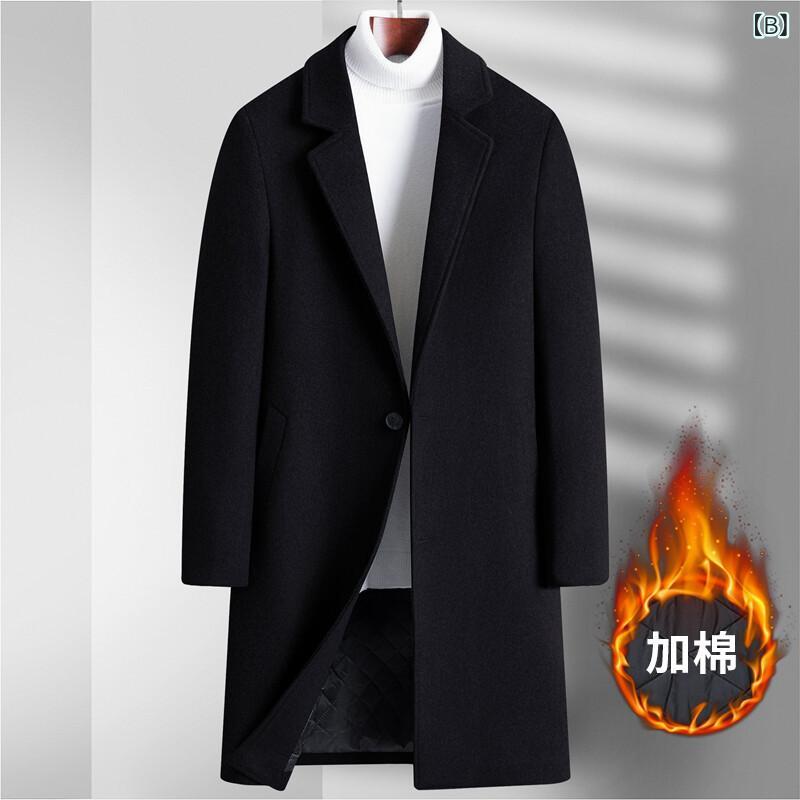 コート メンズ 男性用 秋冬 ミドル丈 テーラードカラー 無地 中綿入り ウール メルトン 厚手 防寒 ビジネス カジュアル アウター