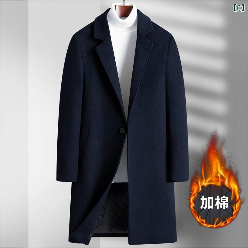 コート メンズ 男性用 秋冬 ミドル丈 テーラードカラー 無地 中綿入り ウール メルトン 厚手 防寒 ビジネス カジュアル アウター