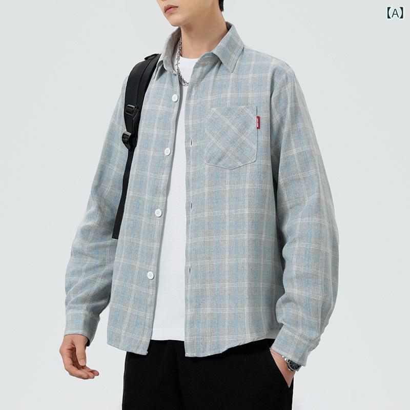 シャツ メンズ 長袖 ゆったり オーバーサイズ 韓国風 トレンド カジュアル チェック柄 羽織り トップス 綿混 ポリエステル素材 普段使い デイリーユース ウォッシャブル ノーアイロン 春秋