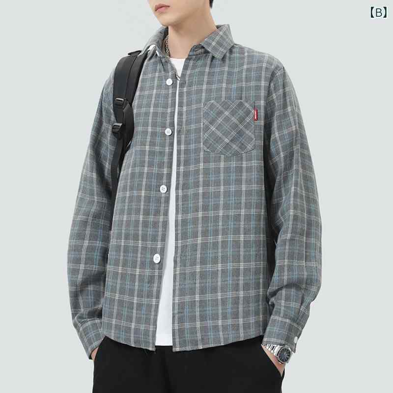 シャツ メンズ 長袖 ゆったり オーバーサイズ 韓国風 トレンド カジュアル チェック柄 羽織り トップス 綿混 ポリエステル素材 普段使い デイリーユース ウォッシャブル ノーアイロン 春秋