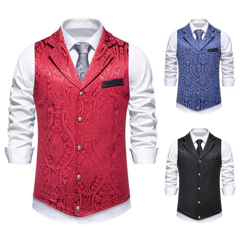 ベスト メンズ ジレ トップス ヨーロッパ中世風 花柄 レトロ ポリエステル 伸縮性 ウォッシャブル カジュアル 春夏 ブラック ワインレッド ブルー