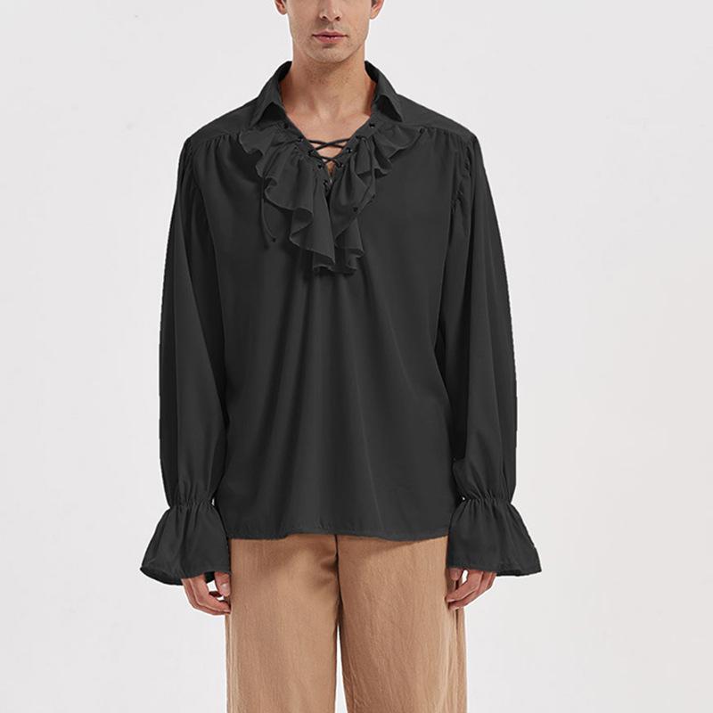 シャツ メンズ ヨーロッパ中世 ルネサンス パフスリーブ 襟付き 紐付き 長袖 ゆったり 王子 舞台衣装 コスプレ 仮装 演劇 ダンス 麻混 ポリエステル 春秋 レトロ クラシック