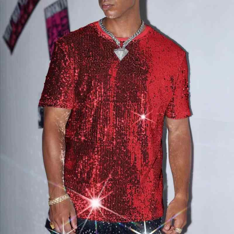 Tシャツ メンズ 男性用 ステージ衣装 歌手服 発表会 ライブ スパンコール キラキラ 半袖 薄手 フィット ストリート ヒップホップ カジュアル ポリエステル 黒 春夏
